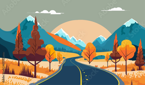 Landscape of mountain empty road in autumn with pines, bushes, orange grass Flat colorful vector illustration
