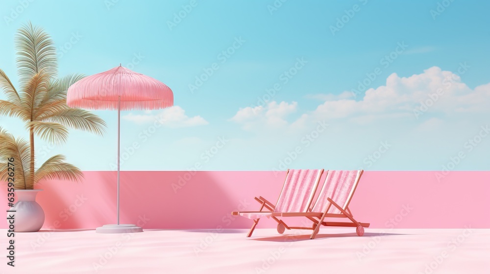  a pink beach scene with a chair and a pink umbrella.  generative ai - obrazy, fototapety, plakaty 