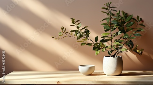  two white vases with plants in them on a table. generative ai