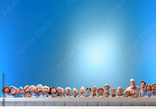 illustration pour la fête des voisins avec plein de personnes autour d'une longue table, sous forme de frise photo