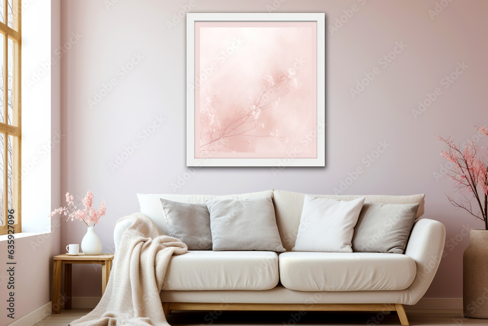 Fototapeta premium White sofa with a plaid and a picture in a pink living room interior.