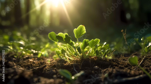 A young green sprout, illuminated by the sun's rays, grows on black soil. Generative AI technology.