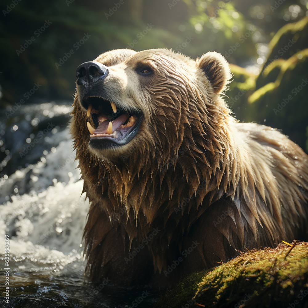Obraz premium Brown bear stands in a stream, AI generiert