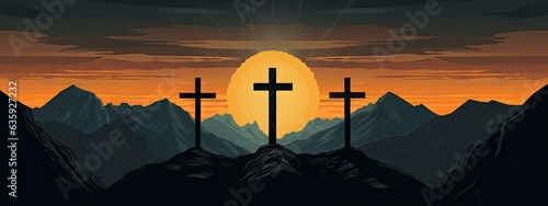 Fotografiet three silhouettes of crosses on a mountain in the sunrise Generative AI