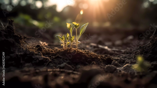 A young green sprout, illuminated by the sun's rays, grows on black soil. Generative AI technology.