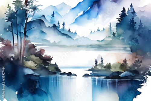 Watercolor sketch, white, blue, morning mist with pond and trees. Vector illustration.