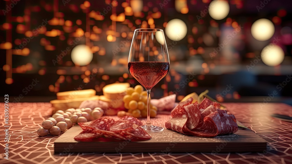 Charcuterie is shown in the background with red wine in the foreground Charcuterie is shown in the background with red wine in the foreground