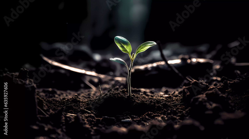 A young green sprout, illuminated by the sun's rays, grows on black soil. Generative AI technology.