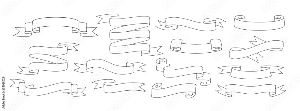 Set of doodle style horizontal ribbons isolated on white background. Line art vector illustrations collection.