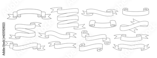 Set of doodle style horizontal ribbons isolated on white background. Line art vector illustrations collection.