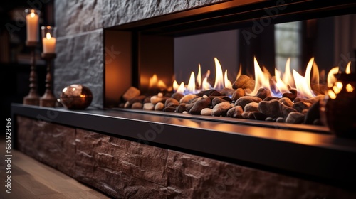 Fireplace with burning wood logs, bright flames photo
