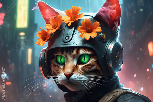 a cat wearing a flower mask.Generative AI