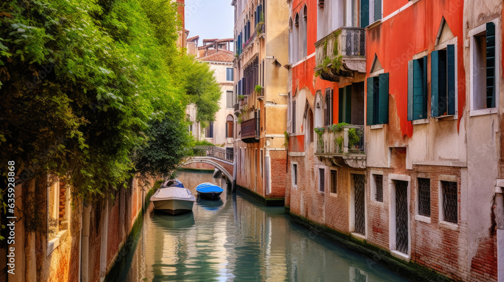 Serenity in Venice: Tranquil Canal with Verdant Trees