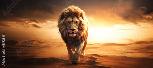 King, Lion of Judah Walking Through The Desert: Symbolizing Spiritual Strength and Kingship in Christian Faith.   photo