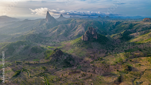 Aerial of Rhumsiki peak in the lunar landscape of Rhumsiki, Mandara mountains, Far North province, Cameroon, Africa photo