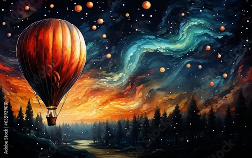 Night Air Balloon Amidst Starry Sky. Generative AI