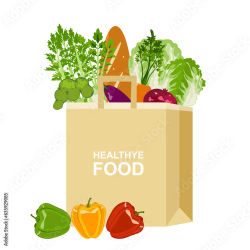 Shopping bags are environmentally friendly paper bags for groceries Organic fruits, vegetables, and supermarket products.