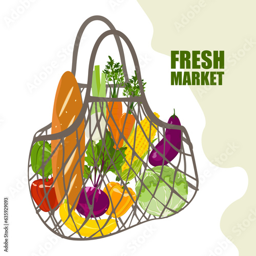 Shopping bags, baskets, environmentally friendly cloth bags for groceries. Organic fruits, vegetables, and supermarket products.