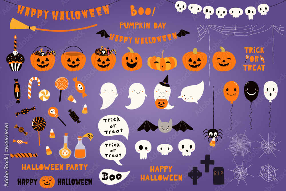 Cute Halloween elements, characters, quotes isolated, big set. Pumpkin, spider, ghost, web, skull, candy, bat, balloon. Hand drawn vector illustration. Cartoon style flat design. Kid holiday print