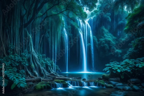 A cascading waterfall with a big banyan tree in a lush jungle beneath the ethereal blue light of the moonlit night sky - AI Generative