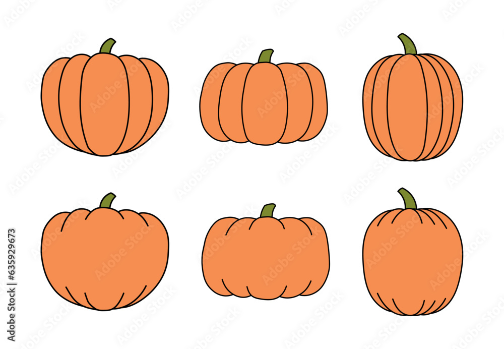 Pumpkins, squashes isolated, Halloween set. Hand drawn vector illustration. Cartoon style line art design. Autumn print element, fall vegetable, Thanksgiving, harvest festival, seasonal ingredient