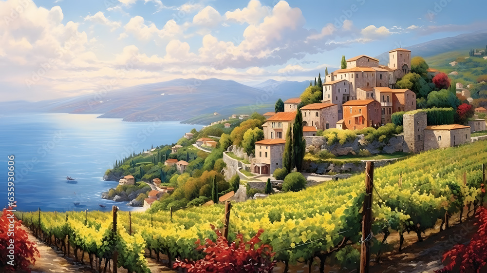 Witness the captivating allure of the Mediterranean landscape with this awe-inspiring image. A panoramic view reveals terraced vineyards cascading down hillsides, while cypress trees and ancient ruins