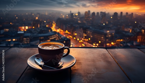 cup of coffee over looks the busy city life 