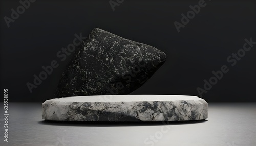 Abstract minimal concept. Dark background with natural granite stones podium Mock up template