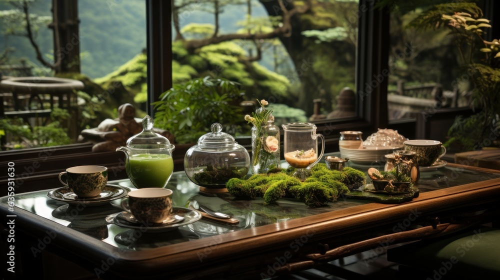 Distant view of a matcha tea ceremony, table in the back, center bottom clear, set in a peaceful and welcoming setting with a lush green forest visible through a window in the background,