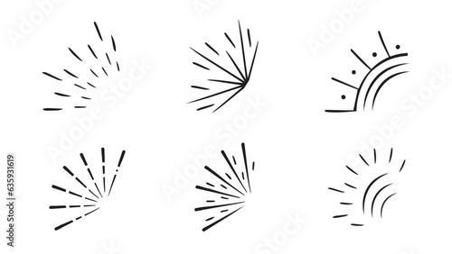 Hand drawn line rays doodles, sunburst, starburst, explosion or fireworks, abstract outline rays, pop shine line, comic icons set, vintage, price sticker, sale sticker, 