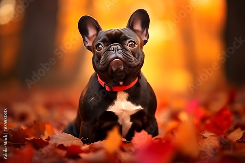 Small black and white dog sitting in pile of leaves. © valentyn640