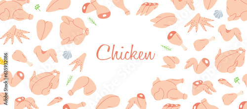 Chicken meats horizontal banner. Chicken farming products. Whole chicken, brisket wing, carcass, fillet, ham, leg, breast, shank, drumstick.