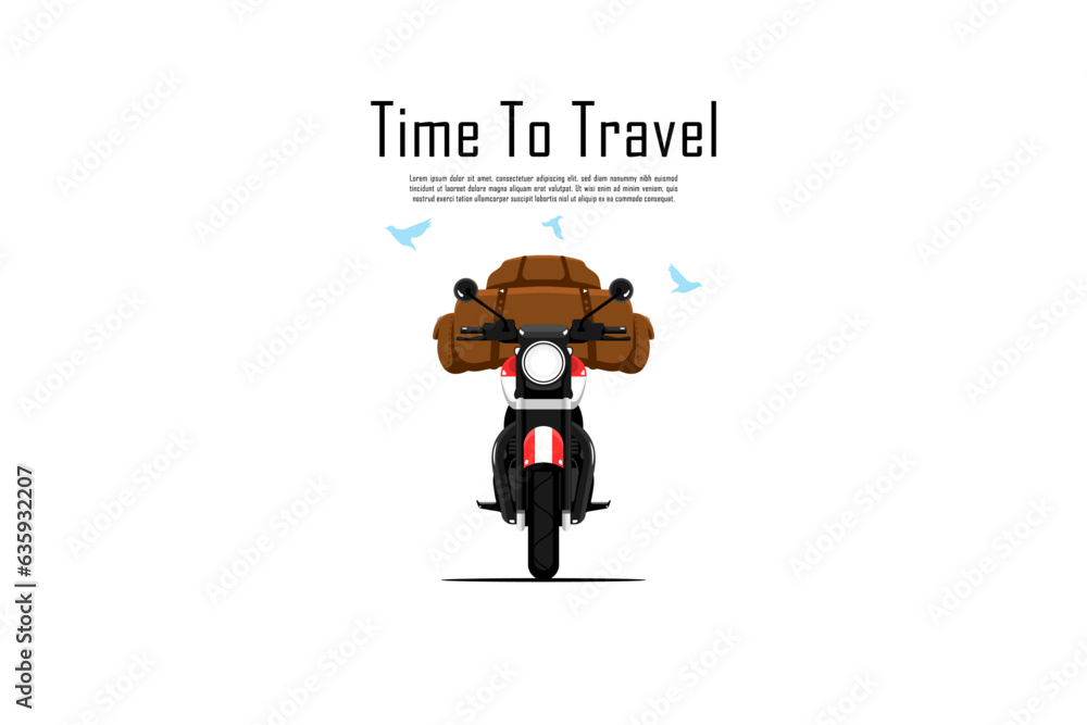Time to travel, Front view personal motorcycle with bag on isolated background, Vector illustration. Time to travel, Front view personal motorcycle with bag on isolated background, Vector illustration.
