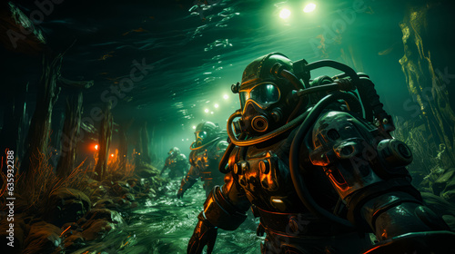 Group of people in scuba suits walking through tunnel.