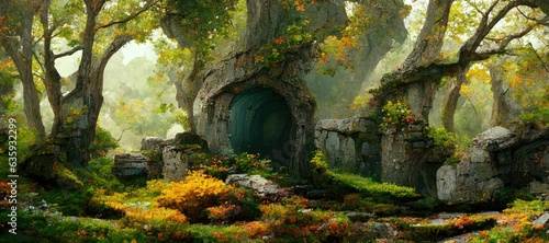 Mystical woodland forest in Autumn with remnants of old druid buildings in ruin. Enchanted magic forest, ancient trees, colorful flowers, peaceful dreamy fairytale fantasy wonderland, generative ai