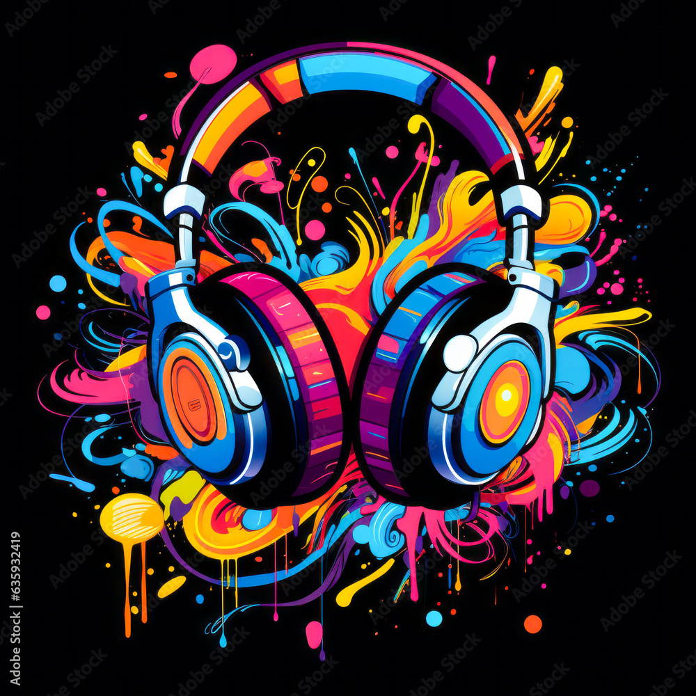 Pair of headphones with colorful paint splatters.