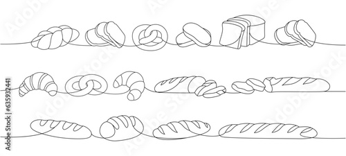 Fresh breads one line continuous drawing. Wheat bread, pretzel, ciabatta, croissant, bagel, french baguette continuous one line illustration.
