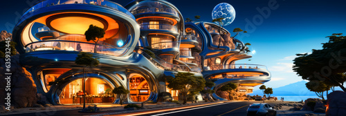 Futuristic building with lot of windows and sky background.