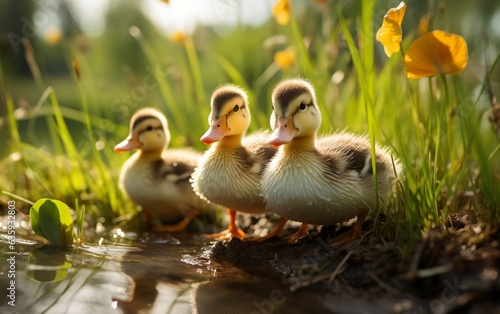 Ducklings on Lush Green Grass. Generative AI