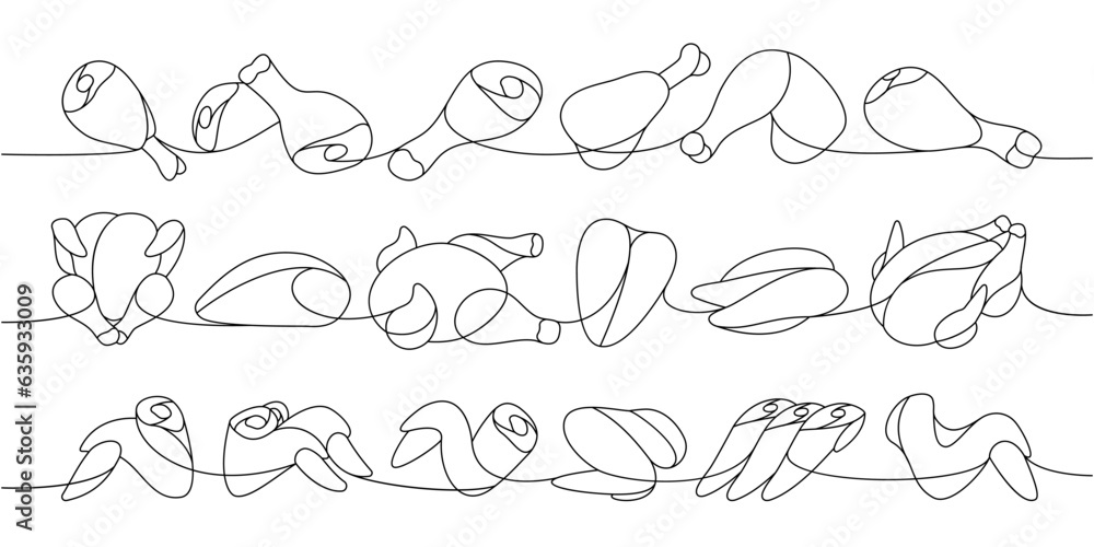 Fresh chicken parts set one line continuous drawing. Raw chicken meat parts continuous one line illustration. Vector minimalist linear illustration. Fresh chicken parts set one line continuous drawing. Raw chicken meat parts continuous one line illustration. Vector minimalist linear illustration.
