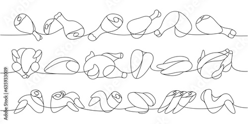 Fresh chicken parts set one line continuous drawing. Raw chicken meat parts continuous one line illustration. Vector minimalist linear illustration.