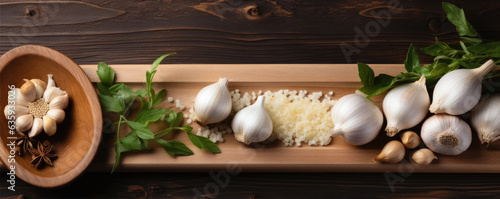 Garlic on wooden board background, text copy space