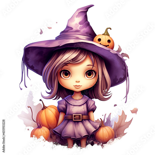 Cute fairy Halloween witch with pumpkin and autumn leaves on white background. Little girl in witch dresses and jack-o-lanterns. Halloween festival  cartoon design  illustration