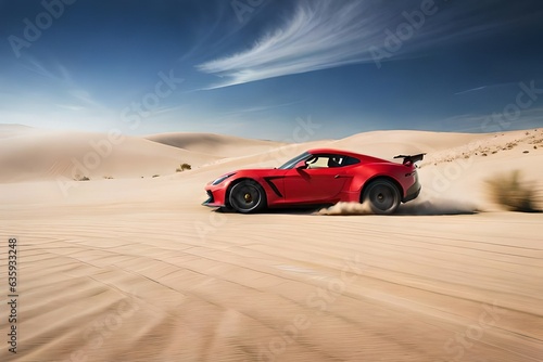 A sports car zooming across a desert leaving a trail of dust behind and against a clear blue sky generated by AI tool
