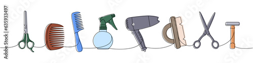 Barber shop one line colored continuous drawing. Hairdresser spray bottle, scissors, comb, dryer, shaving razor continuous one line illustration