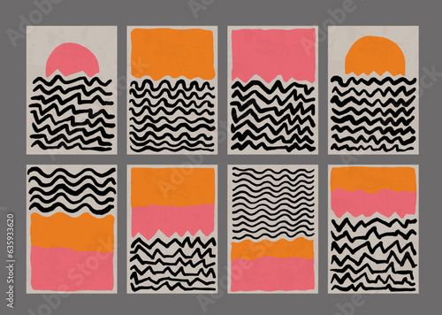Cool Mid Century Modern Posters. Boho Style Backgrounds. Nordic Art Vector Design. Bauhaus Abstract Geometric Artwork.