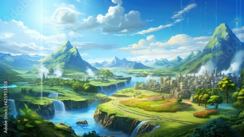 Idyllic world where renewable energy and nature coexist harmoniously  showcasing sustainable technology and lush landscapes game art