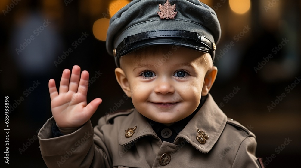 The amusing young youngster was decked out in a headgear, decorations, and a soldier's clothing... The amusing young youngster was decked out in a headgear, decorations, and a soldier's clothing...