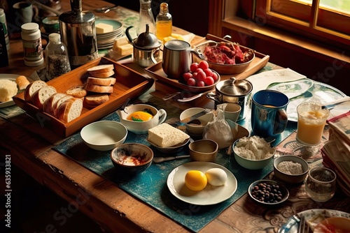 A kitchen table is set with coffee and breakfast items. Breakfast dishes must be prepared and consumed. from the sky