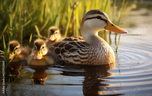 Mother Mallard and Ducklings. Generative AI